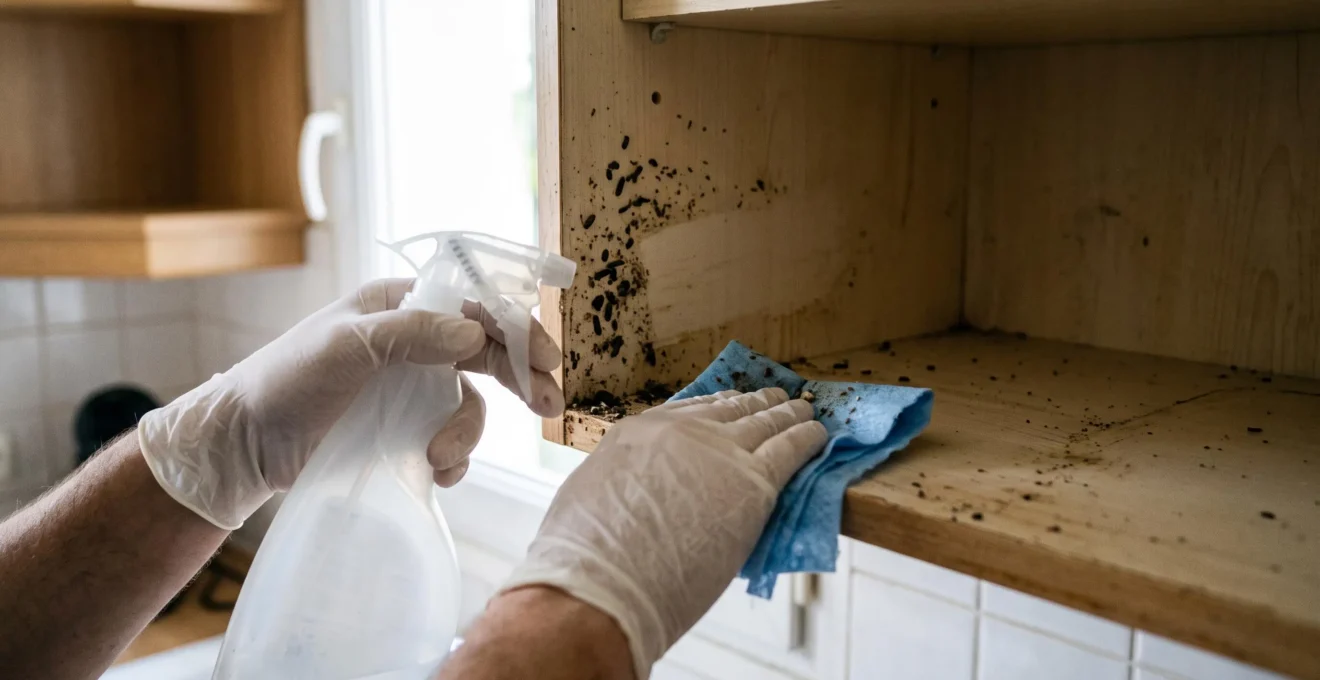 Mains gantées nettoyant des déjections de nuisibles séchées dans le coin d'un placard de cuisine avec un spray désinfectant.
