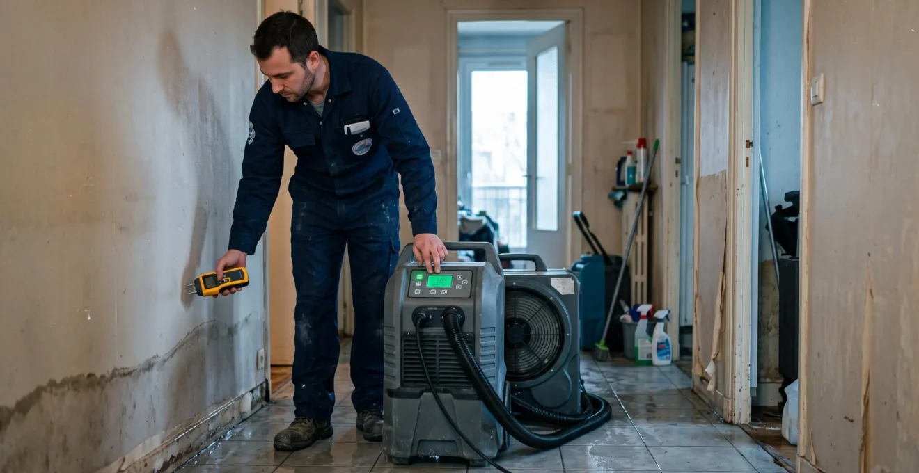 Spécialiste en remédiation utilisant un déshumidificateur professionnel et un humidimètre dans une cage d'escalier d'appartement sinistrée par un dégât des eaux.