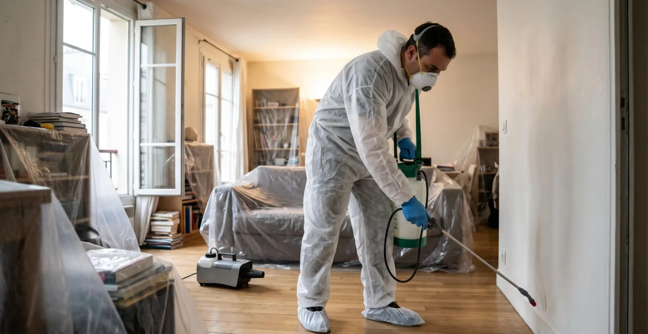 Technicien en combinaison de protection pulvérisant un produit désinfectant le long des plinthes d'un salon après une infestation de nuisibles.