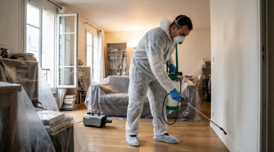 Technicien en combinaison de protection pulvérisant un produit désinfectant le long des plinthes d'un salon après une infestation de nuisibles.